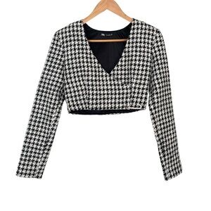 ❤️Zara Houndstooth Long Sleeved Cropped Blazer/Jacket with Brooch, Small